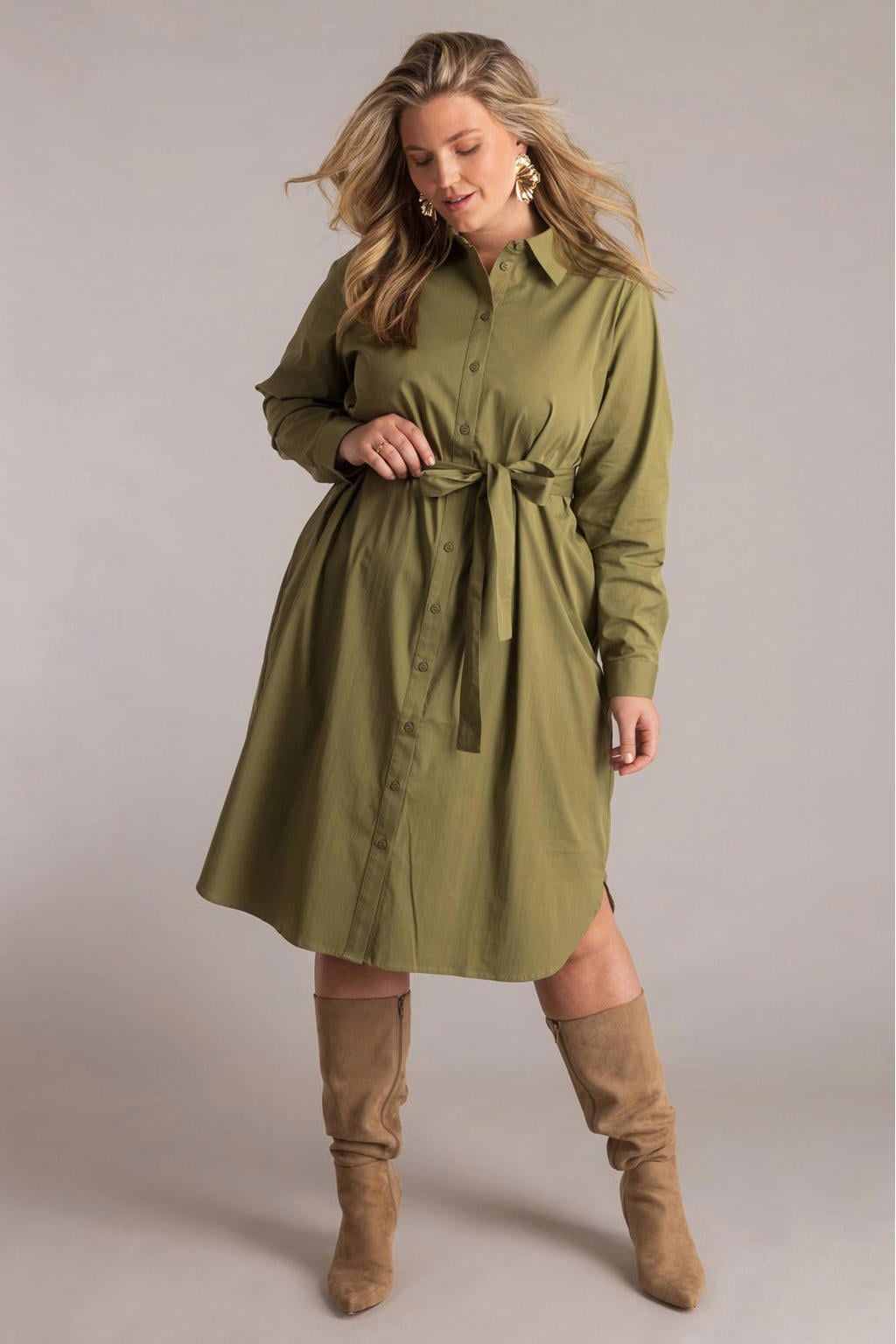 Olijfgroene dames Yest Curve blousejurk van katoen met effen, lange mouwen, klassieke kraag, knoopsluiting en ceintuur