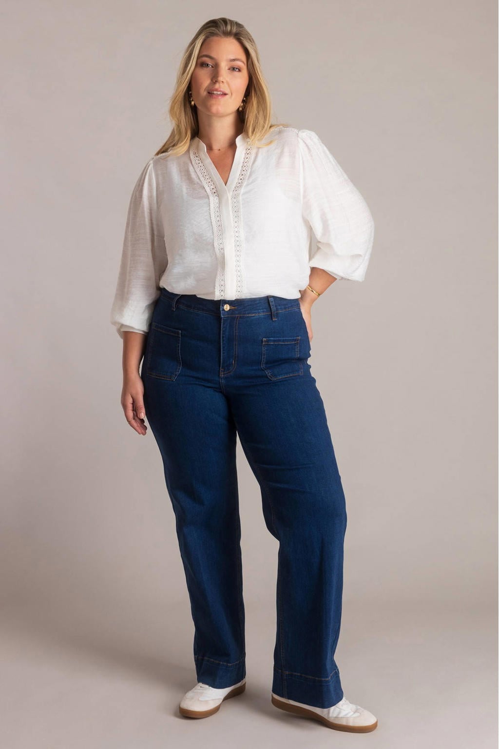 Dark blue denim dames Yest Curve high waist bootcut jeans dark blue van denim met rits- en knoopsluiting en effen