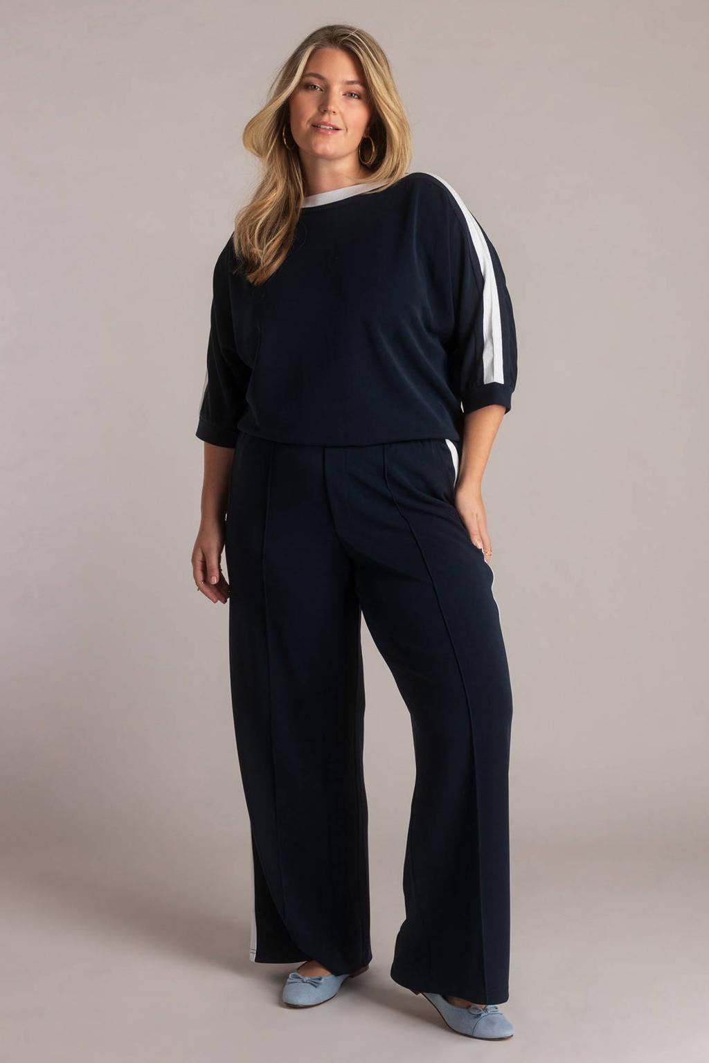 Donkerblauwe dames Yest Curve straight regular waist broek met elastische tailleband en effen