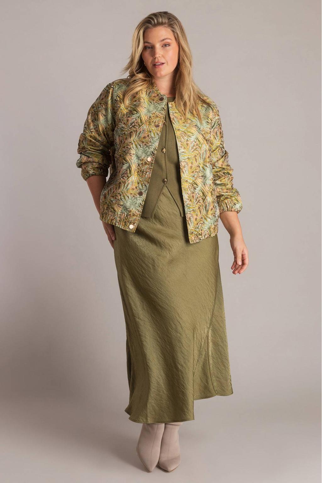 Groen, blauw en gele dames Yest Curve jasje met lange mouwen, opstaande kraag en knoopsluiting