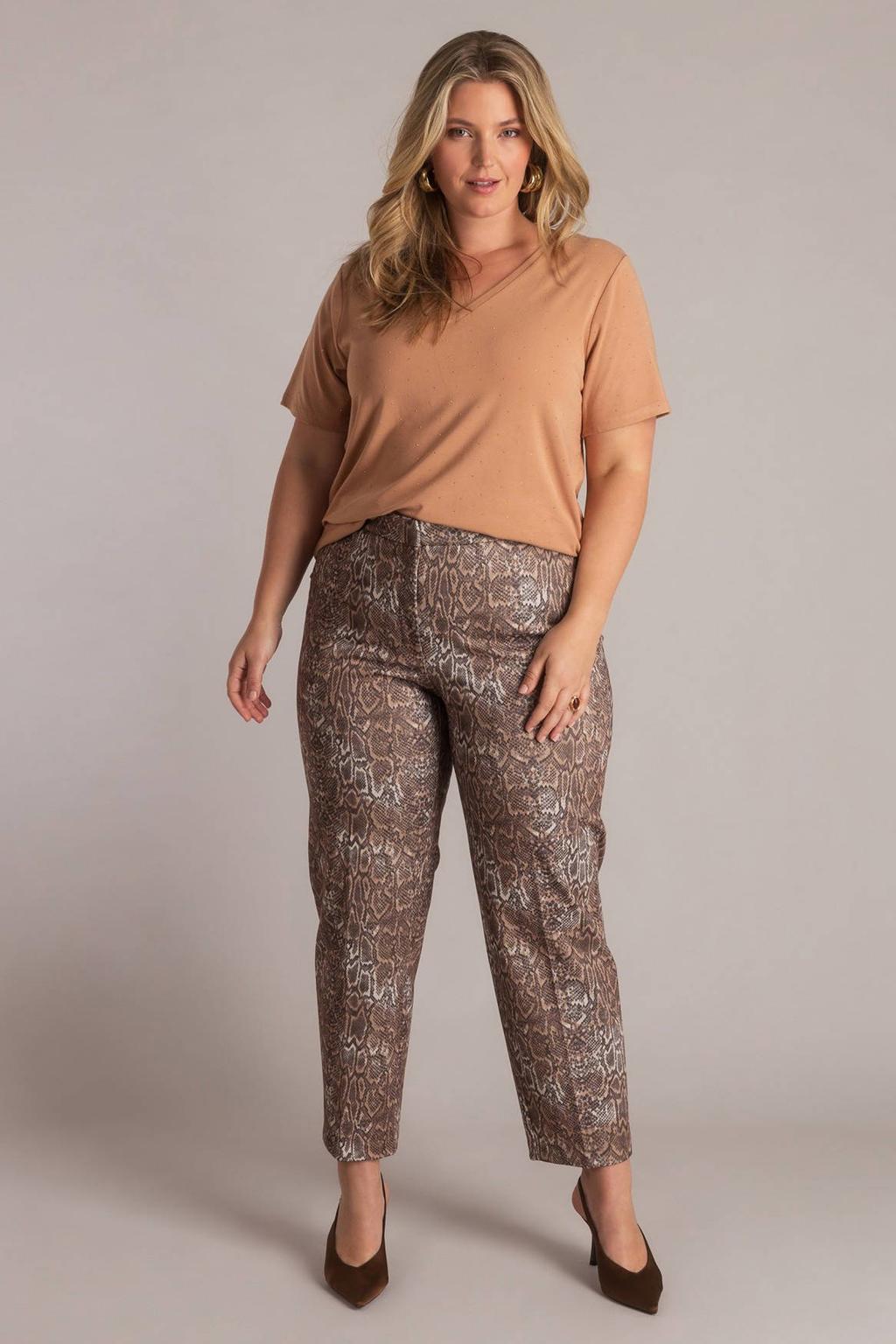 Bruin en ecru dames Yest Curve straight regular waist cropped broek met ritssluiting en dierenprint