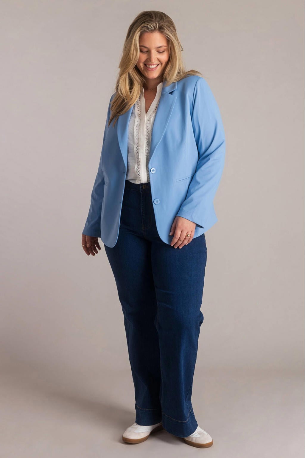 Lichtblauwe dames Yest Curve regular blazer travelstof met effen, lange mouwen en knoopsluiting