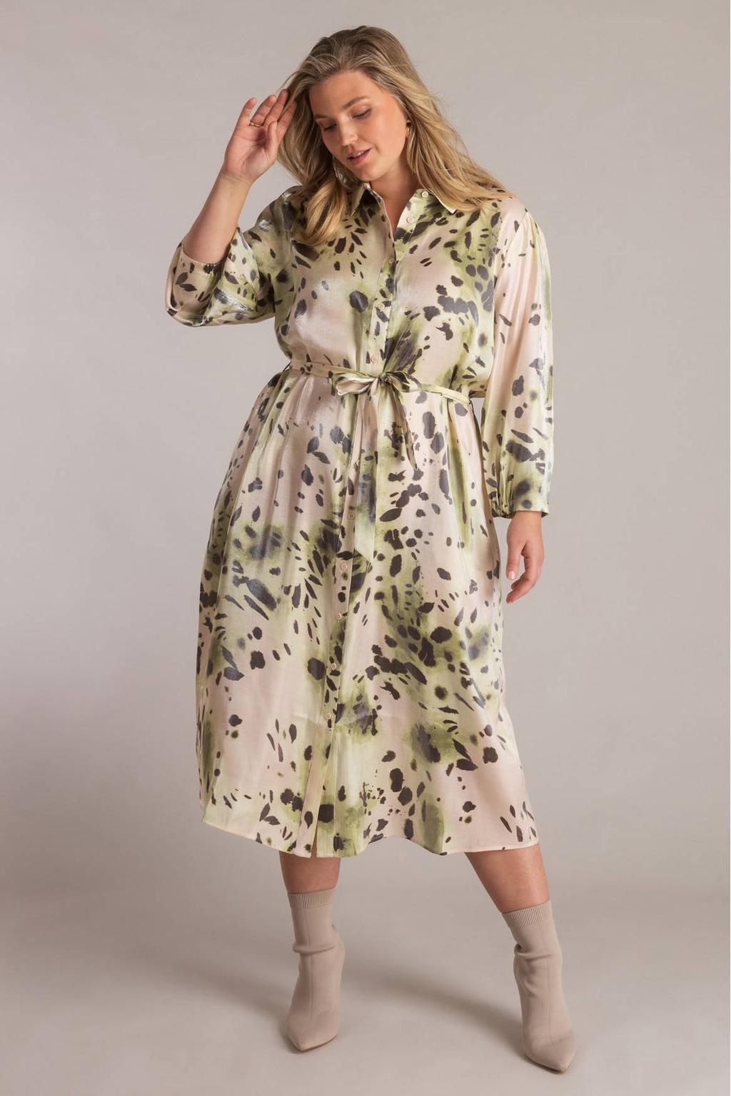 Beige dames Yest Curve A-lijn jurk van viscose met driekwart mouwen, klassieke kraag en knoopsluiting
