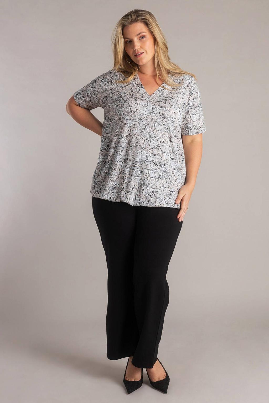 Multikleurige dames Yest Curve top van viscose met korte mouwen en V-hals
