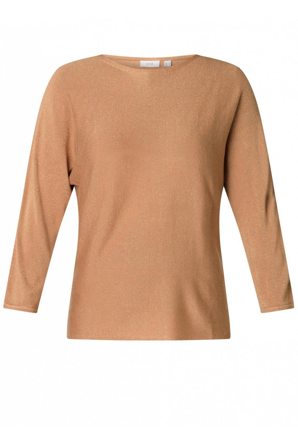 Camelkleurige dames Yest Curve gebreide trui van viscose met effen, lange mouwen, ronde hals en lurex
