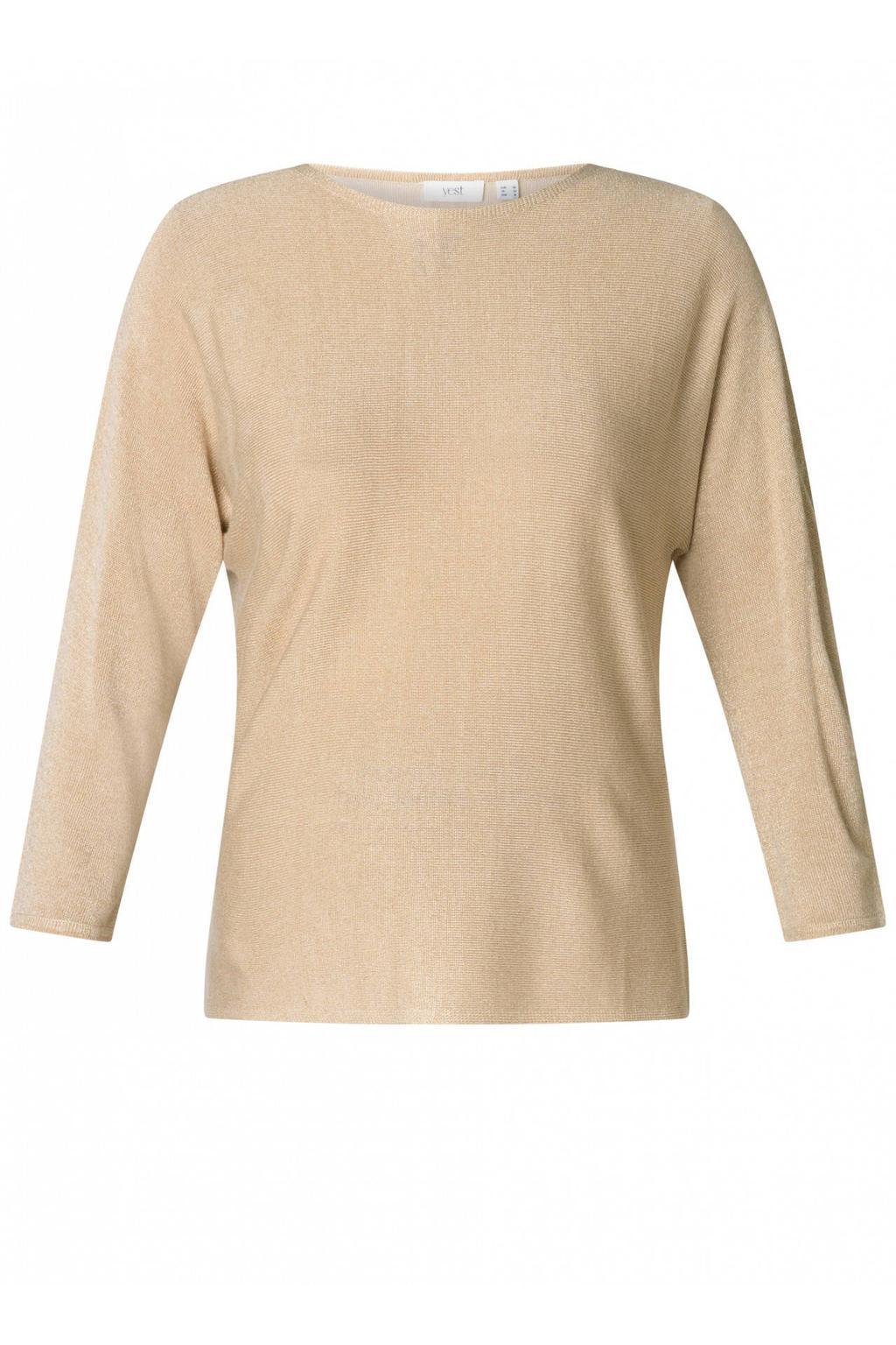 Zandkleurige dames Yest Curve gebreide trui van viscose met effen, lange mouwen, ronde hals en lurex