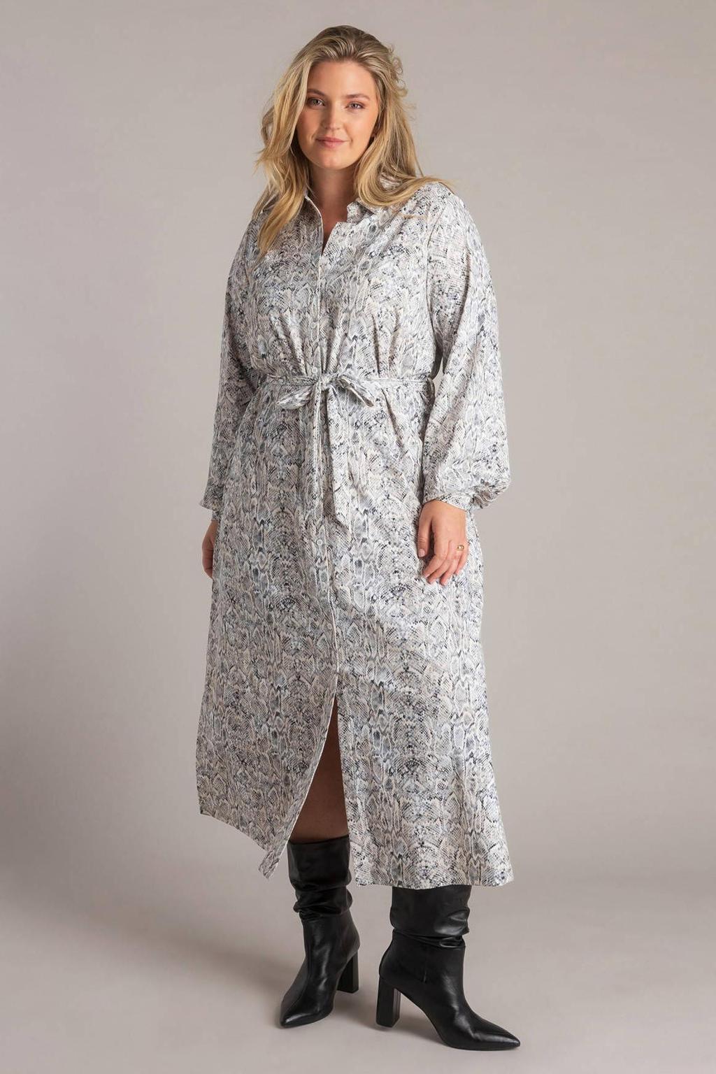 Ecru en zwarte dames Yest Curve blousejurk van polyamide met dierenprint, lange mouwen en col