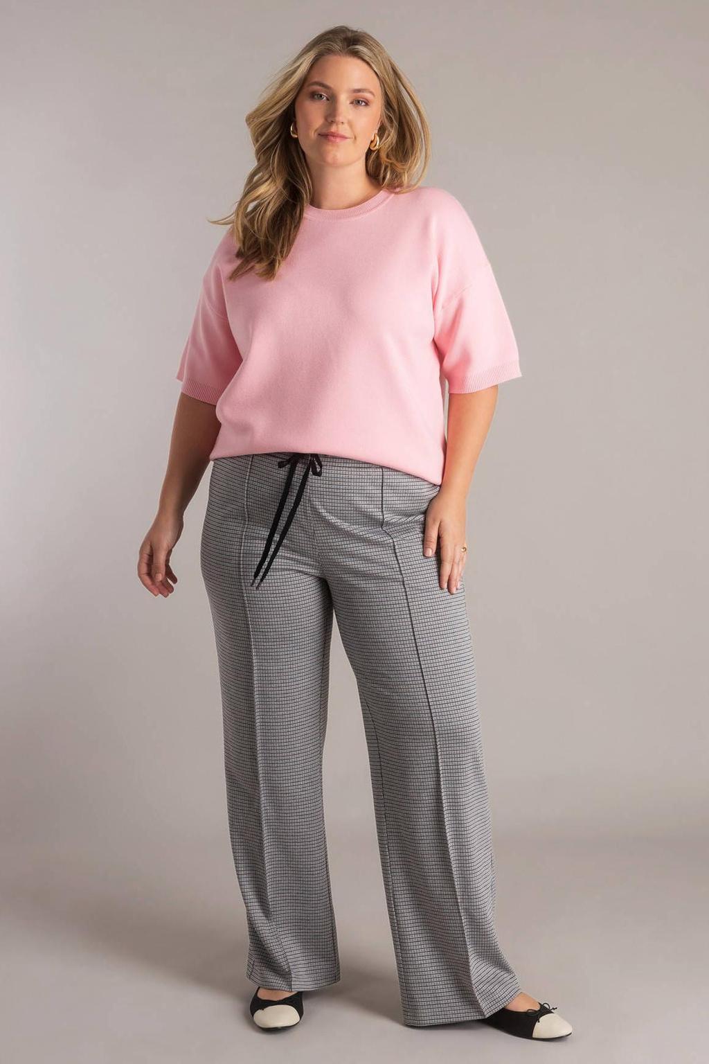 Lichtgrijze dames Yest Curve wide leg high waist geruite casual broek met elastische tailleband met koord