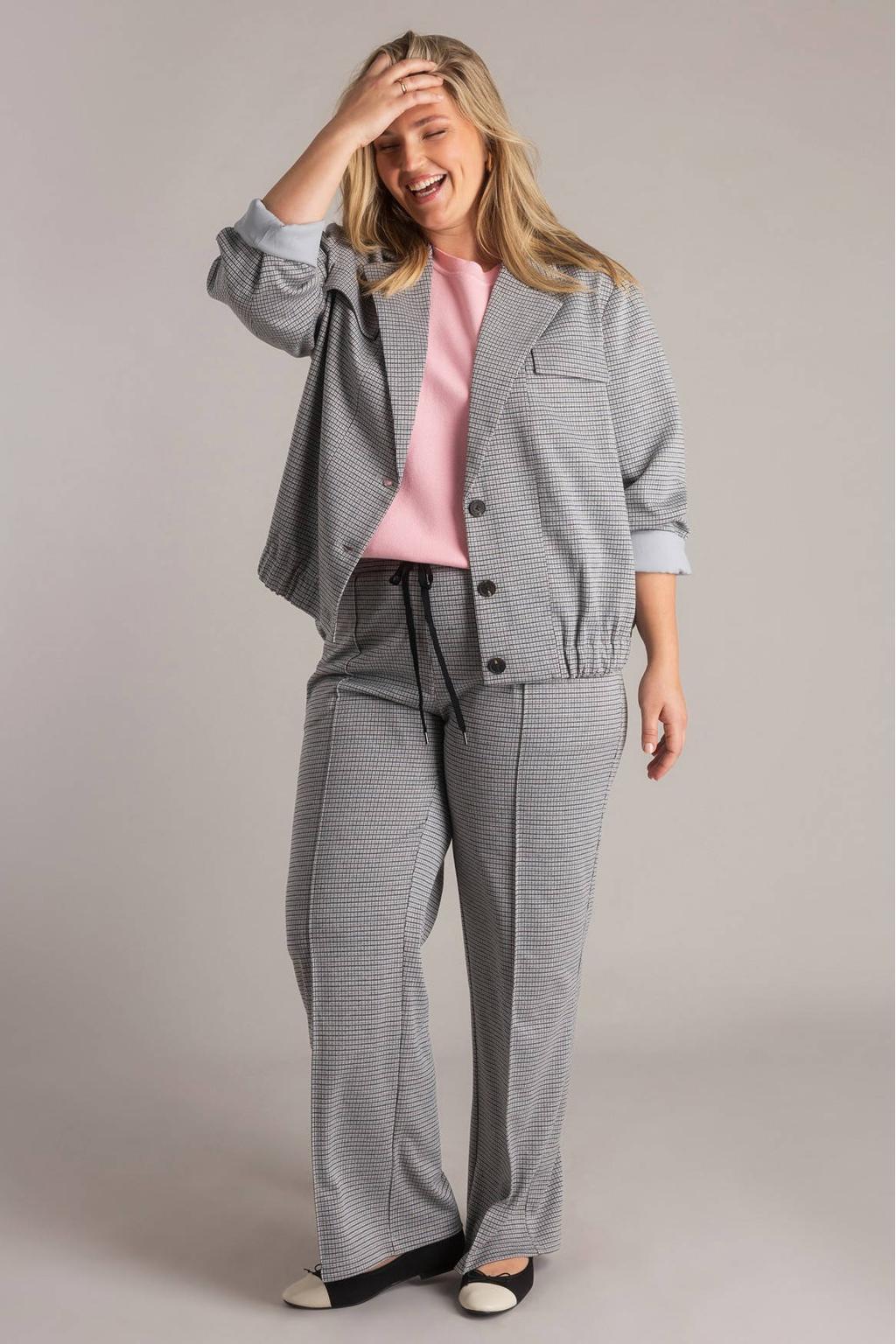 Lichtgrijze dames Yest Curve geruit cropped blazer met lange mouwen en knoopsluiting