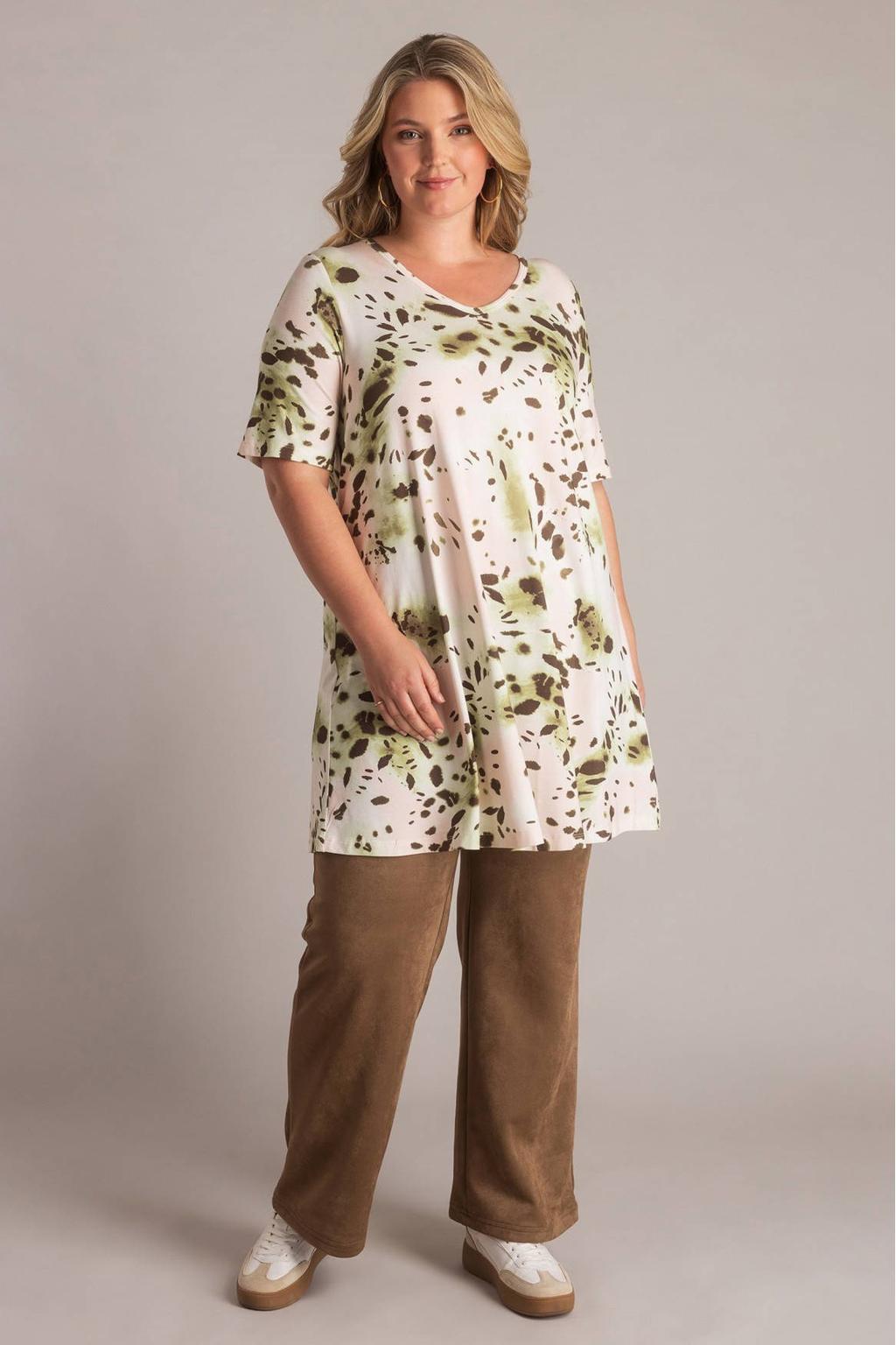 Ecru, groen en bruine dames Yest Curve tuniek van viscose met korte mouwen en V-hals