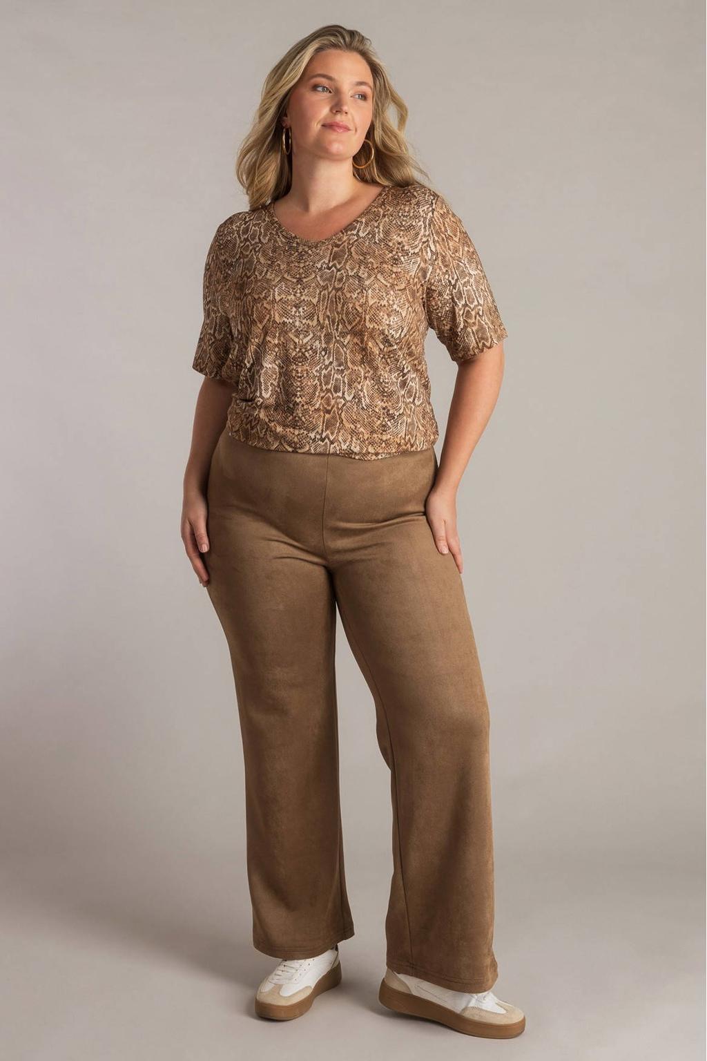 Bruine dames Yest Curve suedelook broek bootcut van imitatieleer met high waist, elastische tailleband en effen