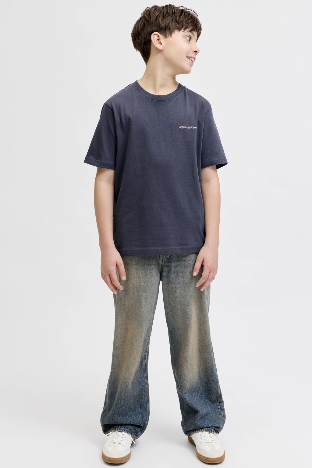 Grijsblauwe jongens JACK & JONES JUNIOR T-shirt blauw van katoen met backprint, korte mouwen en ronde hals
