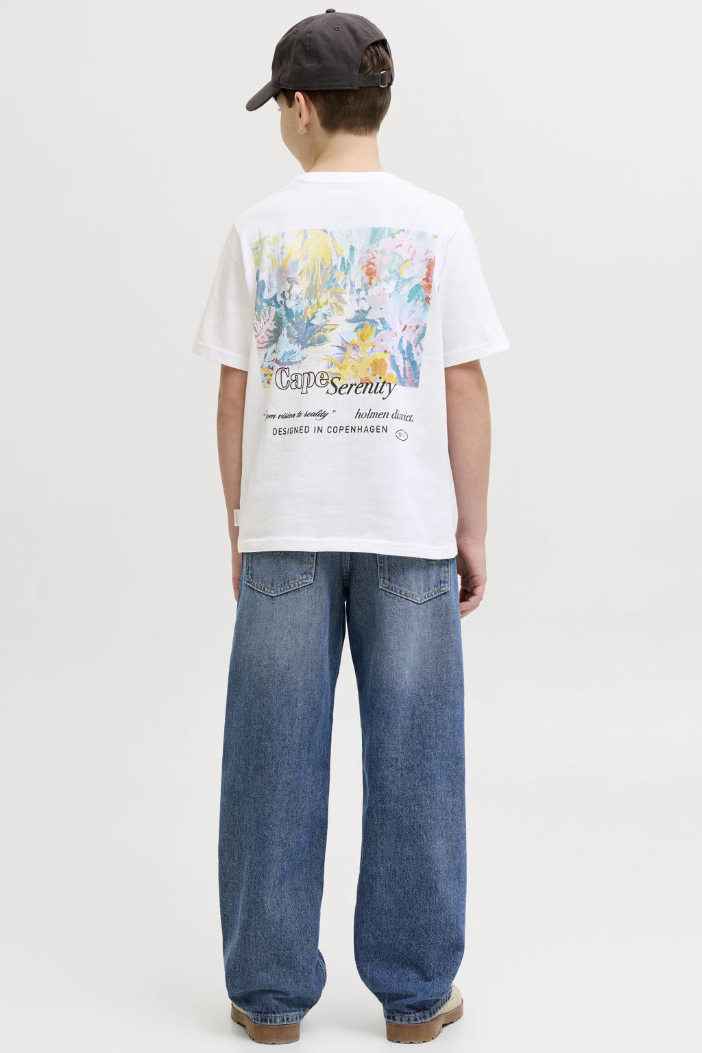 Witte jongens JACK & JONES JUNIOR T-shirt van katoen met backprint, korte mouwen en ronde hals