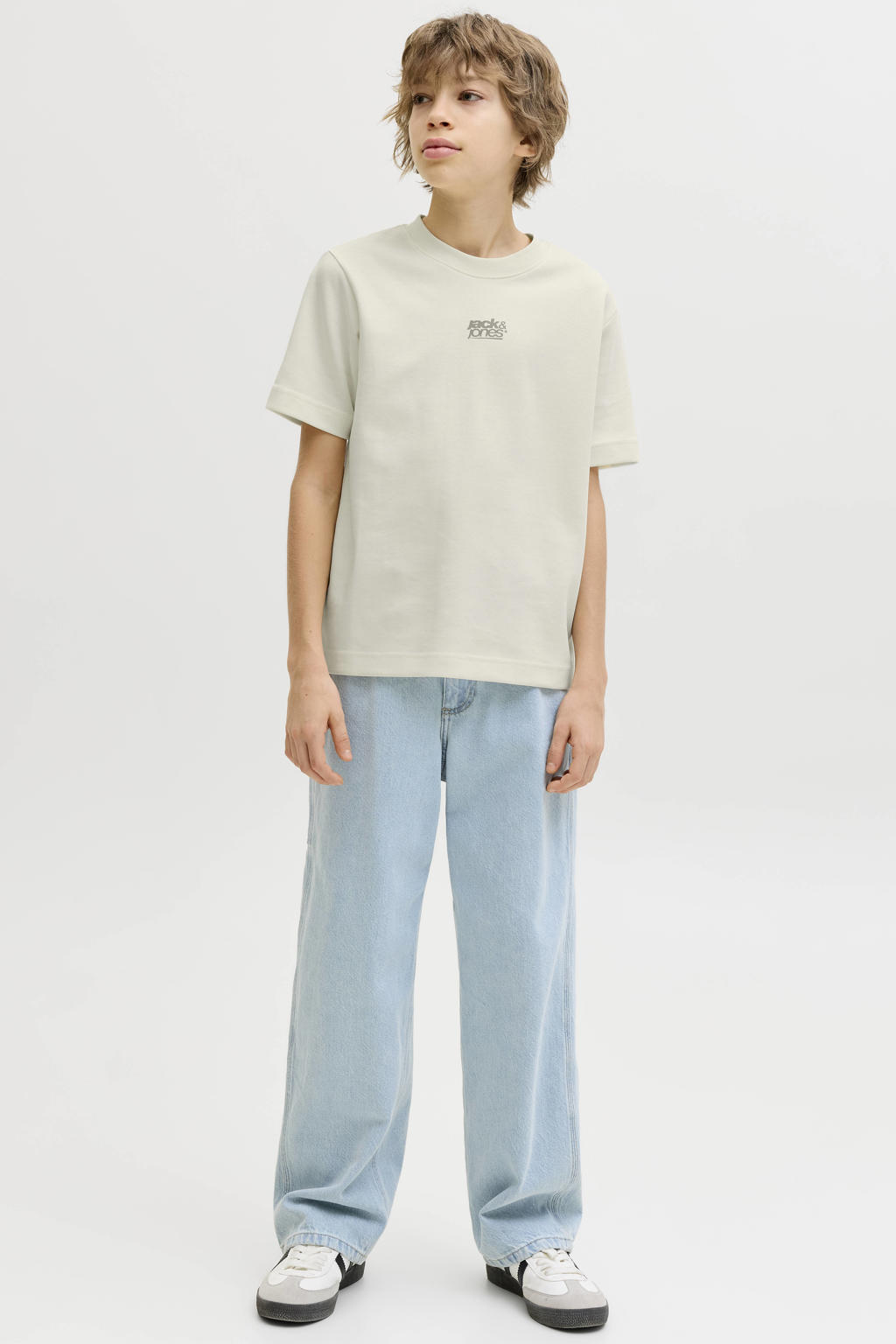 Beige jongens JACK & JONES JUNIOR T-shirt van polyester met backprint, korte mouwen en ronde hals