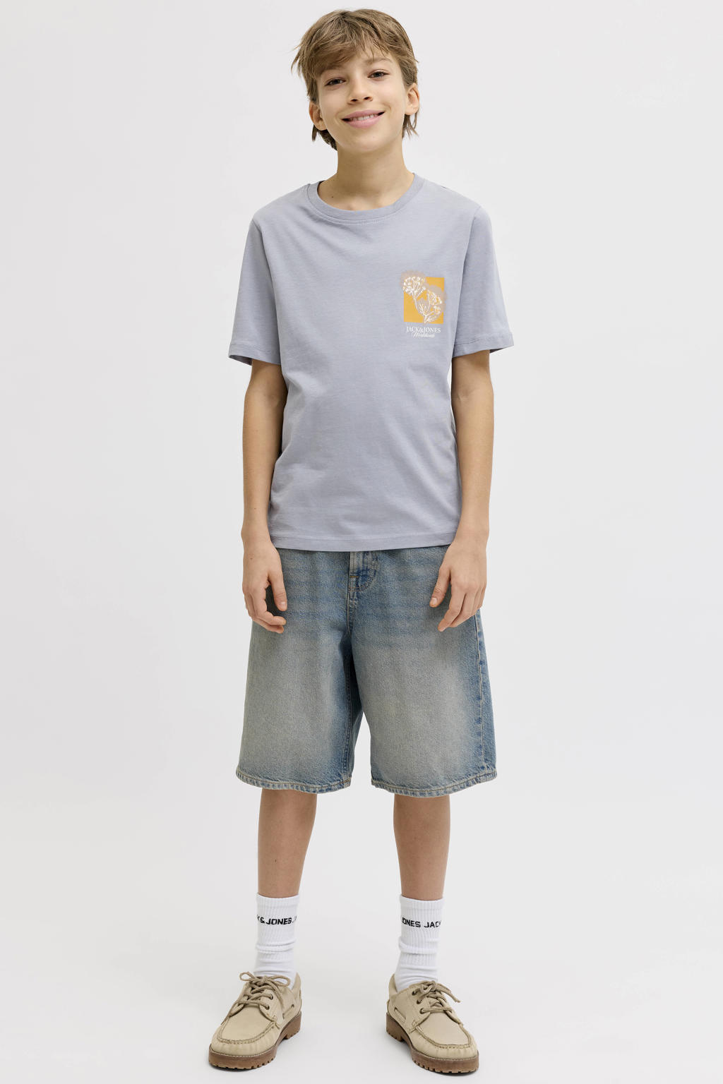 Grijsblauwe jongens JACK & JONES JUNIOR T-shirt blauw van katoen met printopdruk, korte mouwen en ronde hals