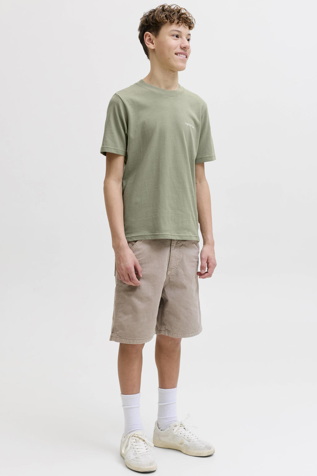 Groene jongens JACK & JONES JUNIOR T-shirt van katoen met backprint, korte mouwen en ronde hals