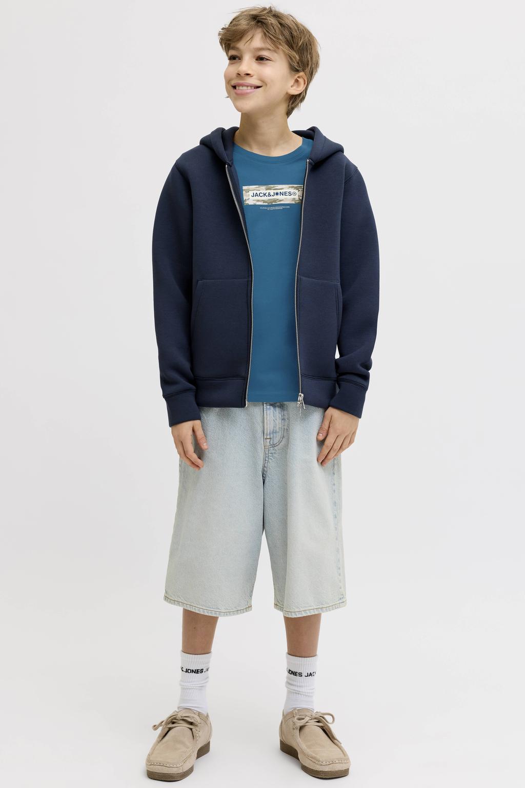 Blauwe jongens JACK & JONES JUNIOR T-shirt van katoen met logo dessin, korte mouwen en ronde hals
