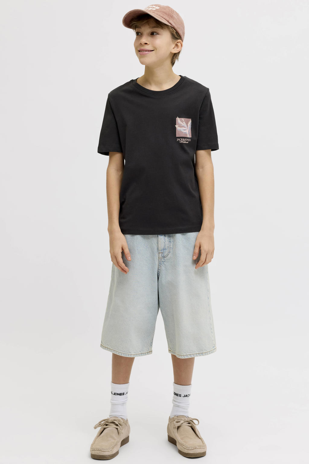 Zwarte jongens JACK & JONES JUNIOR T-shirt van katoen met printopdruk, korte mouwen en ronde hals