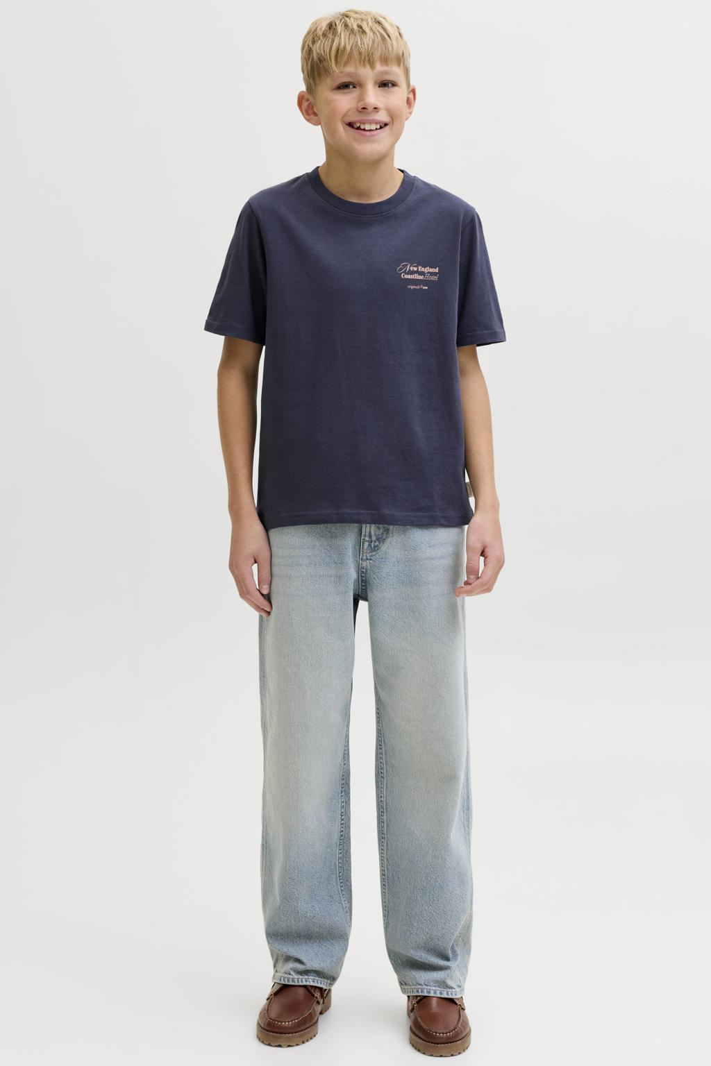Grijsblauwe jongens JACK & JONES JUNIOR T-shirt blauw van katoen met backprint, korte mouwen en ronde hals