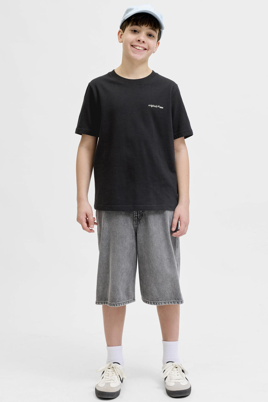 Zwarte jongens JACK & JONES JUNIOR T-shirt van katoen met backprint, korte mouwen en ronde hals