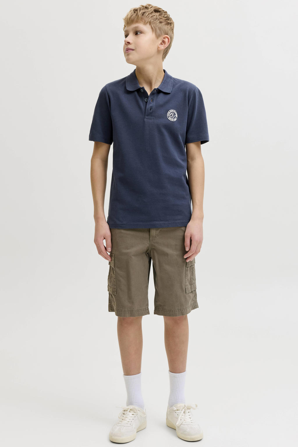 Donkerblauwe jongens JACK & JONES JUNIOR polo van katoen met effen, korte mouwen en knoopsluiting