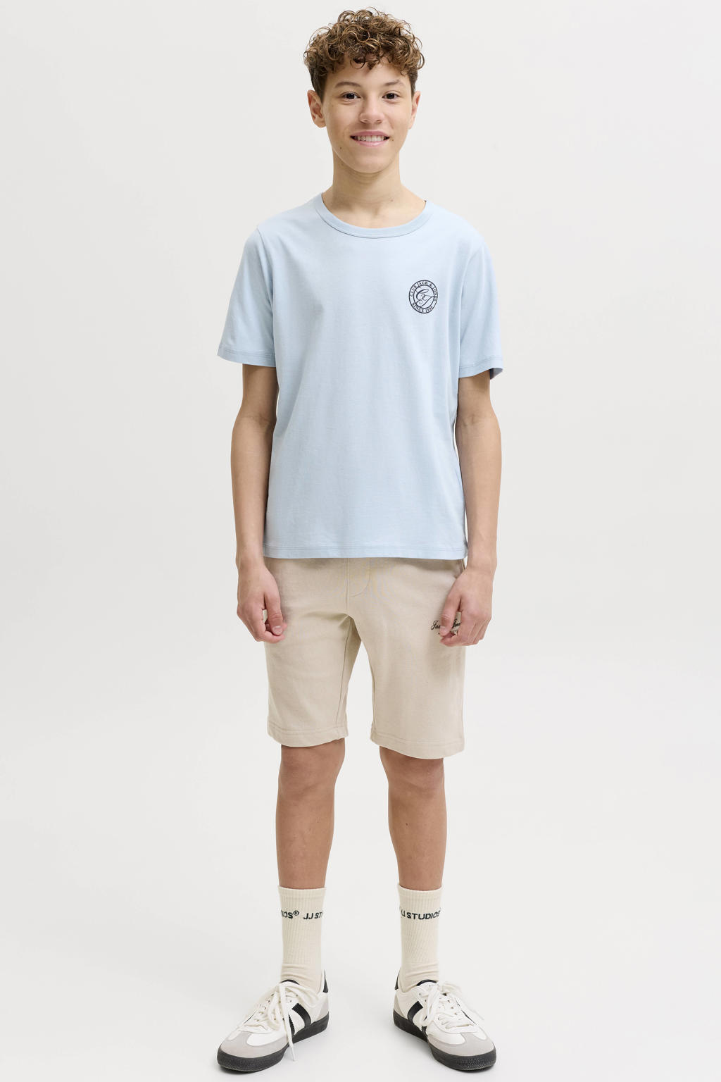 Lichtblauwe jongens JACK & JONES JUNIOR T-shirt van katoen met printopdruk, korte mouwen en ronde hals