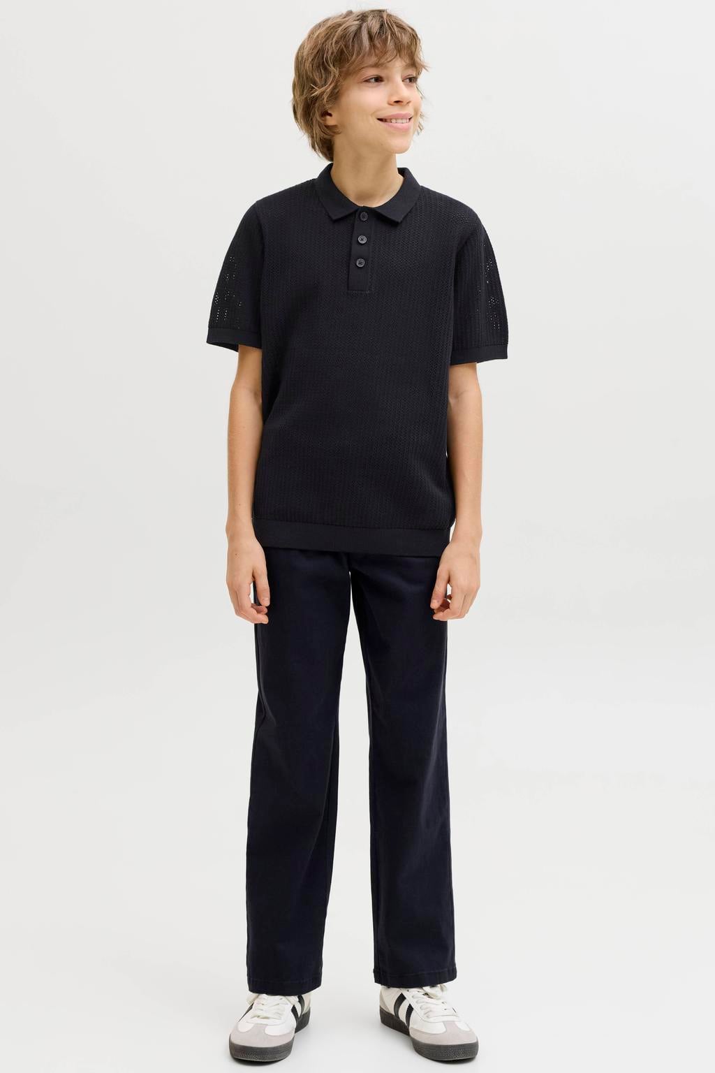 Zwarte jongens JACK & JONES JUNIOR polo fijn gebreid van katoen met effen, korte mouwen en knoopsluiting