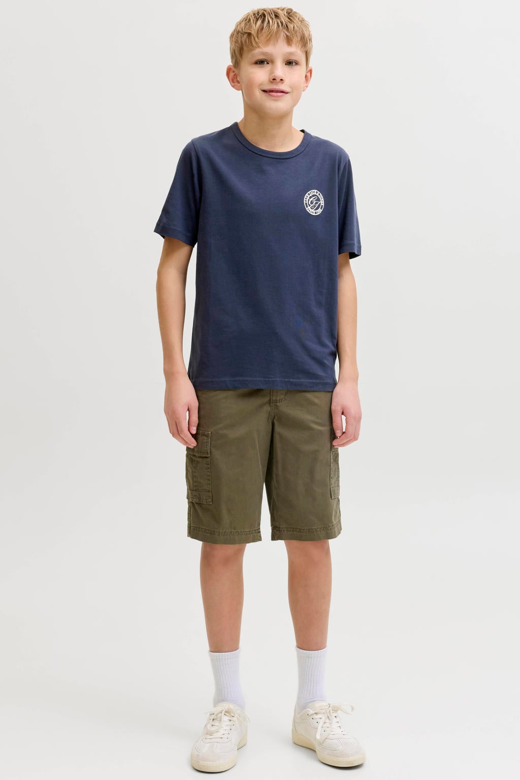 Donkerblauwe jongens JACK & JONES JUNIOR T-shirt van katoen met printopdruk, korte mouwen en ronde hals
