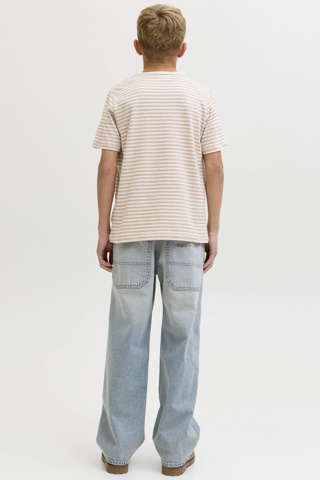 Beige jongens JACK & JONES JUNIOR gestreepte T-shirt van katoen met korte mouwen en ronde hals