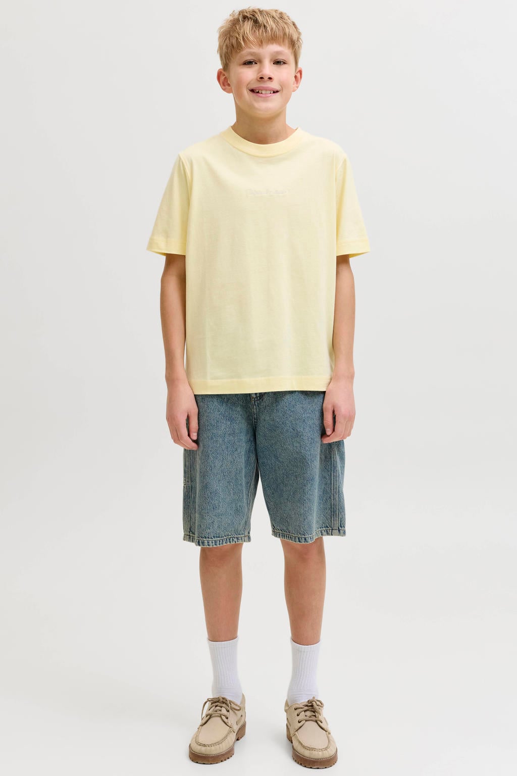 Medium blue denim jongens JACK & JONES JUNIOR baggy short van katoen met rits- en knoopsluiting en effen