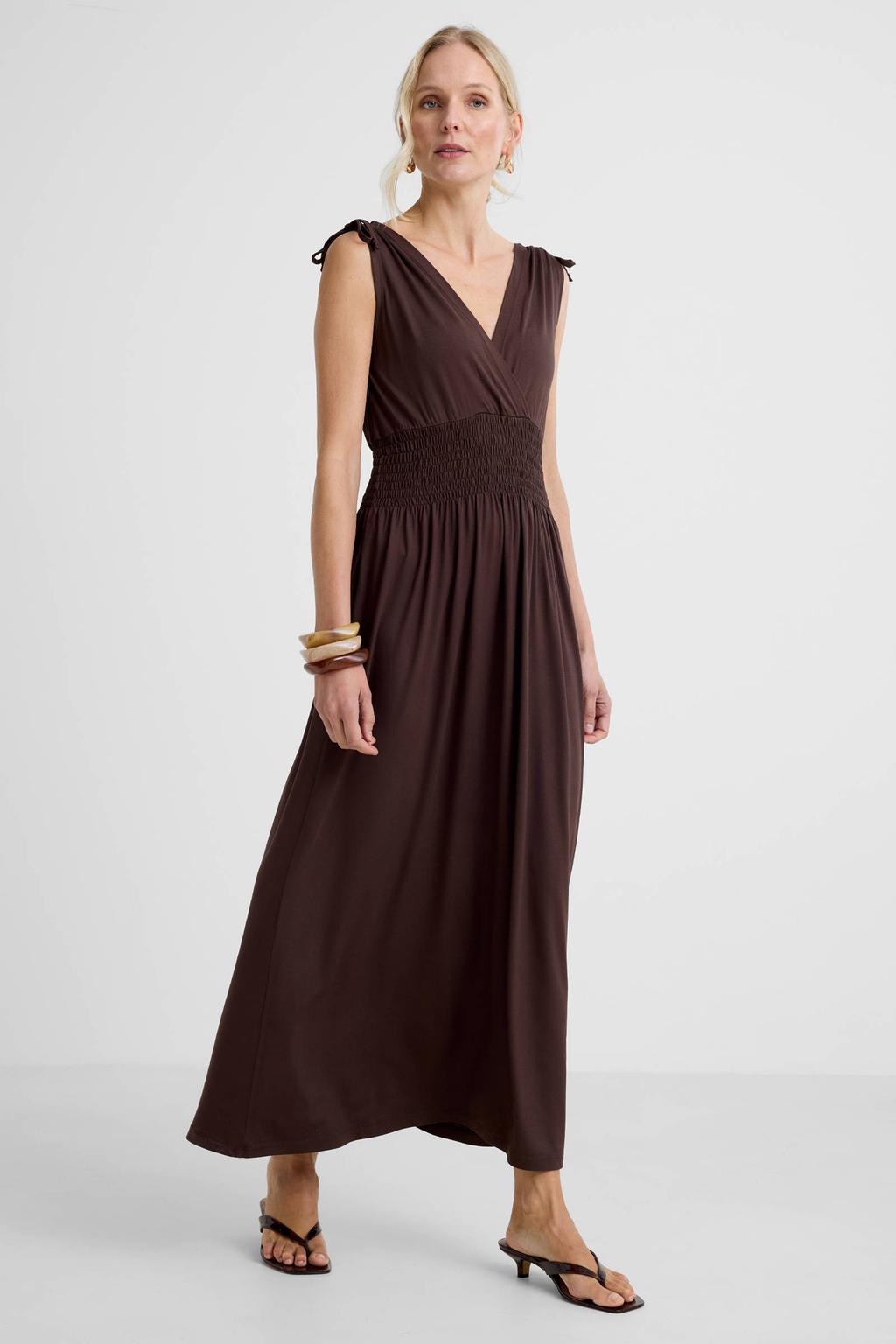 Donkerblauwe dames Geisha zomerjurk van viscose met effen, V-hals, elastische tailleband en rijgdetail