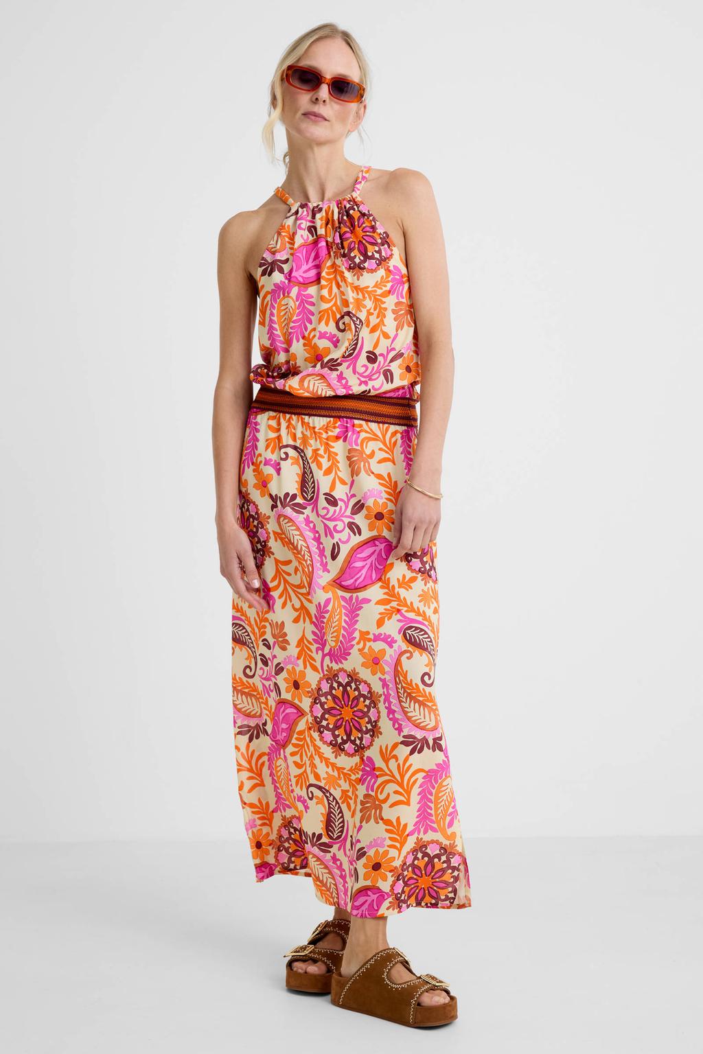 Roze en oranje dames Geisha halterjurk van viscose met striksluiting