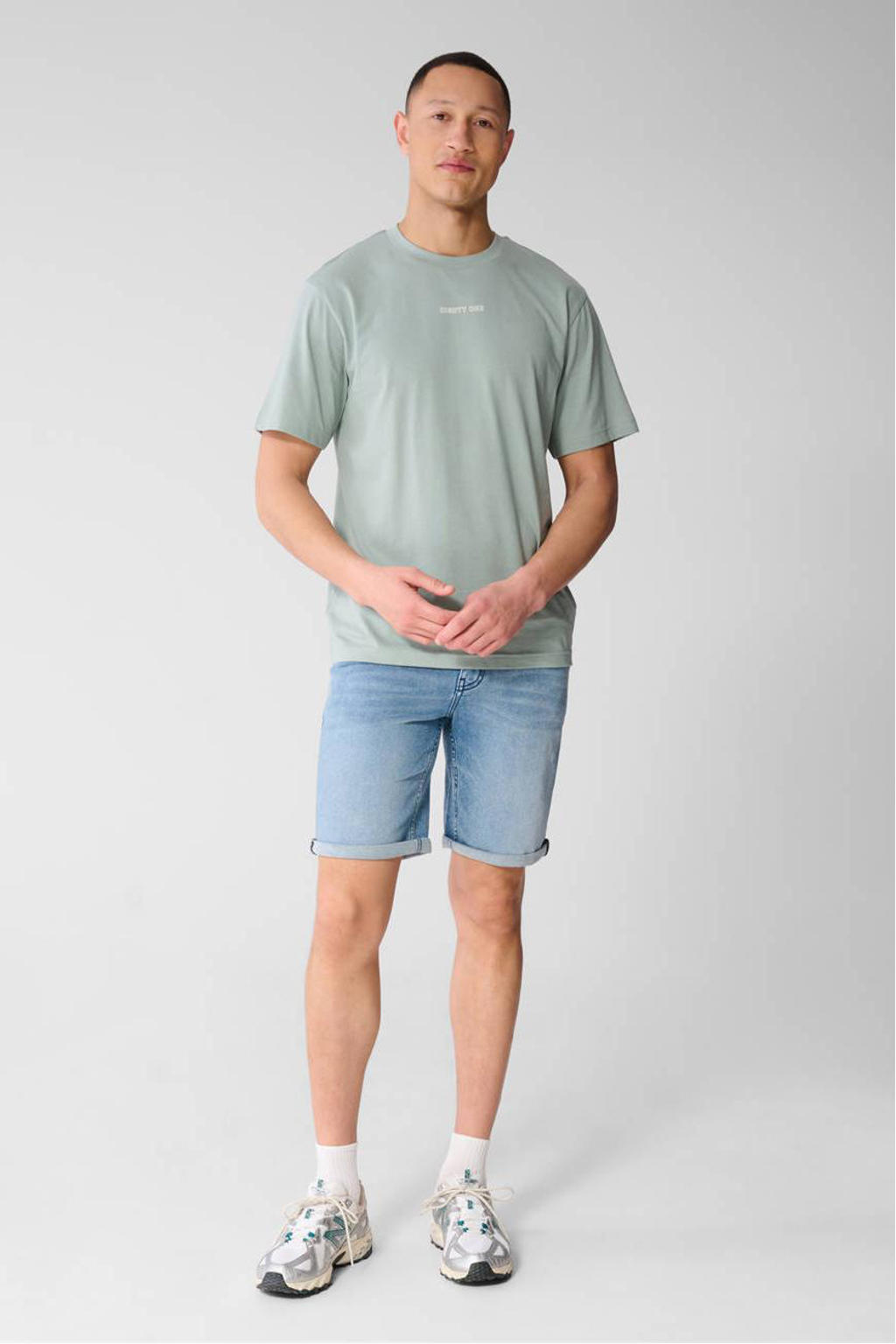 Lichtgroene heren Shoeby regular T-shirt van katoen met effen, korte mouwen en ronde hals