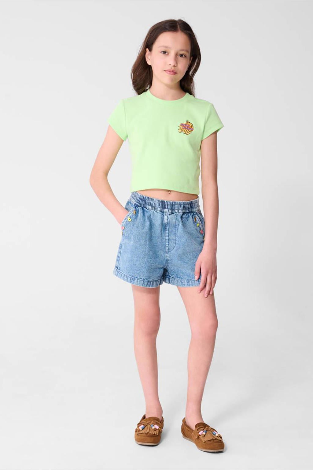 Light blue denim meisjes Shoeby short van denim met elastische tailleband en effen