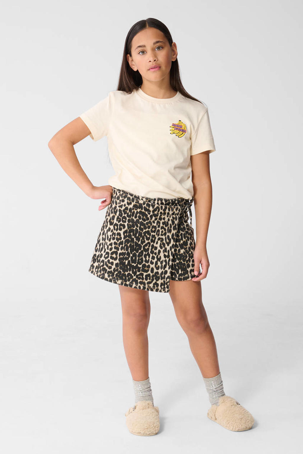 Ecru meisjes Shoeby T-shirt van katoen met effen, korte mouwen en ronde hals