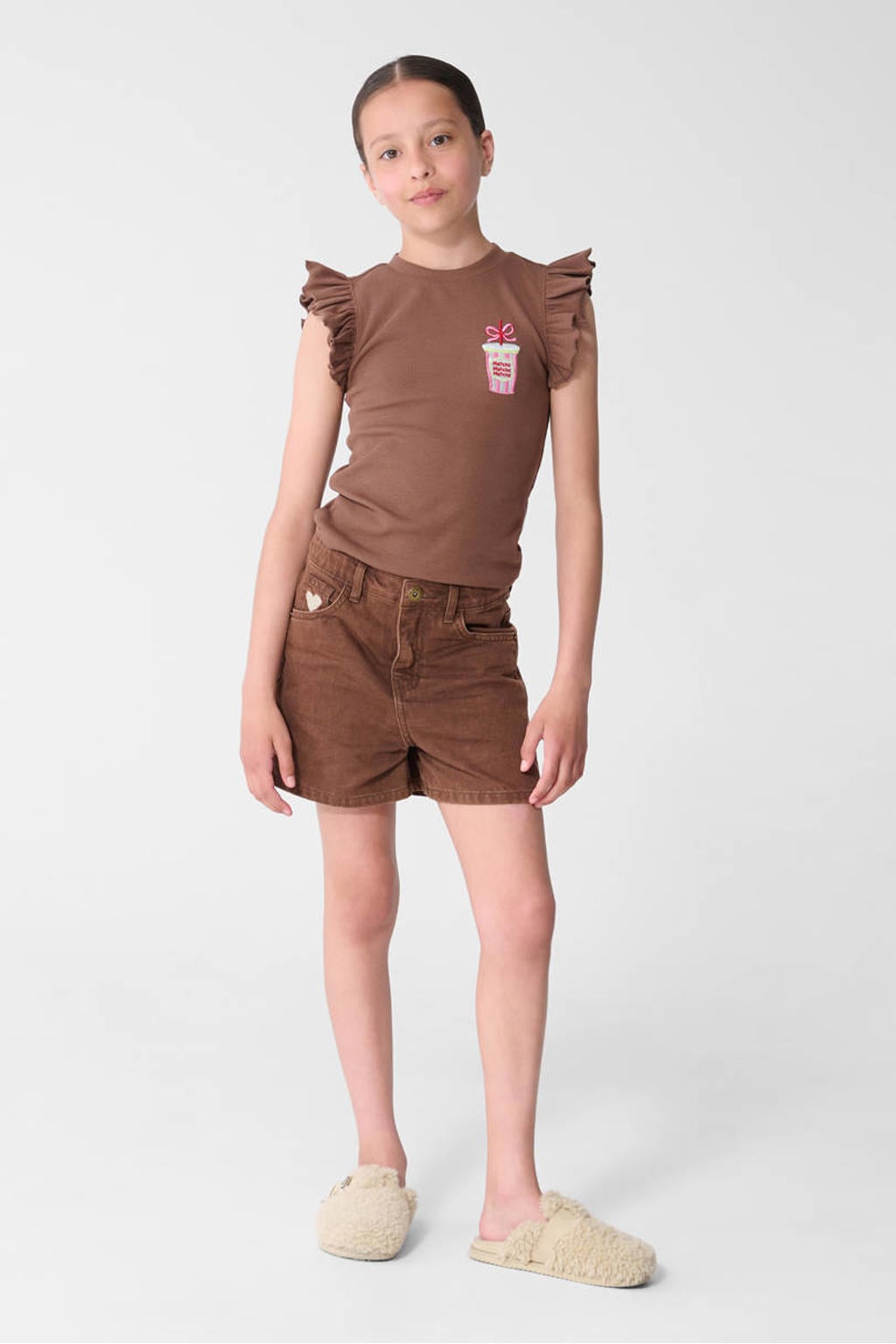 Bruine meisjes Shoeby T-shirt van stretchkatoen met effen, korte mouwen, ronde hals en borduursels