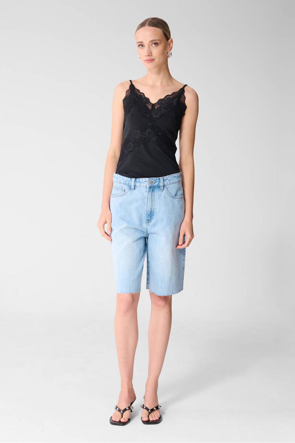 Zwarte dames Shoeby top van polyamide met effen, spaghettibandjes, V-hals en kant
