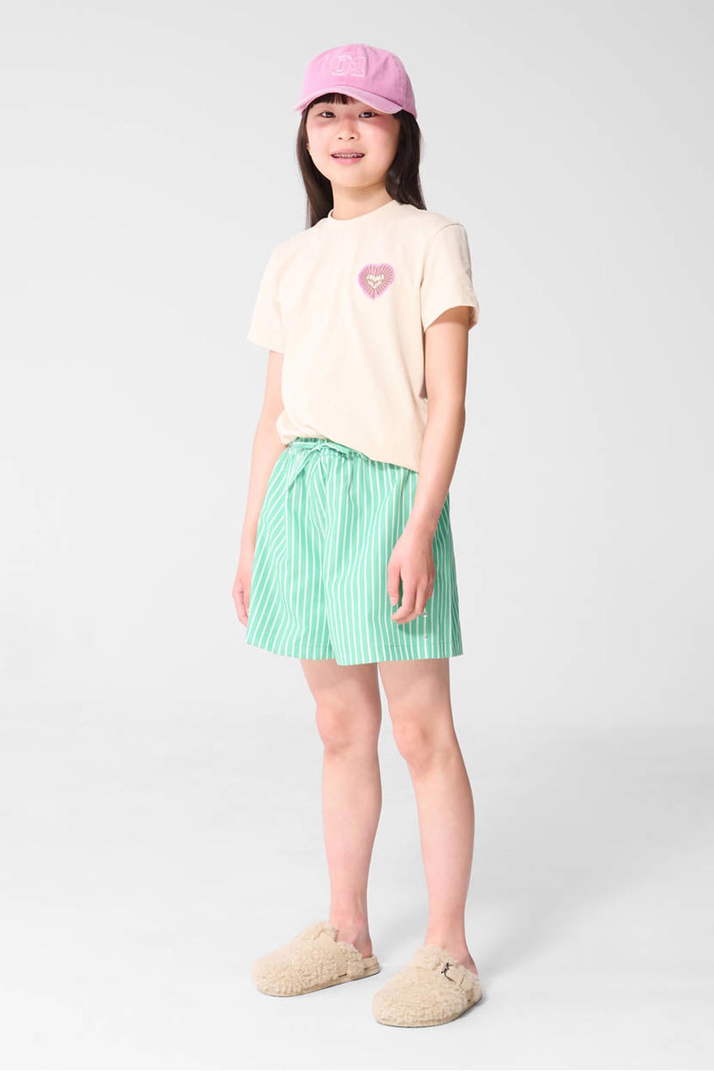 Beige meisjes Shoeby T-shirt van katoen met backprint, korte mouwen, ronde hals en elastische tailleband