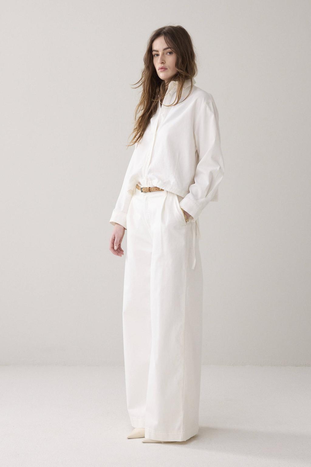 Witte dames Summum blouse van katoen met effen, lange mouwen, klassieke kraag, knoopsluiting en elastische boord
