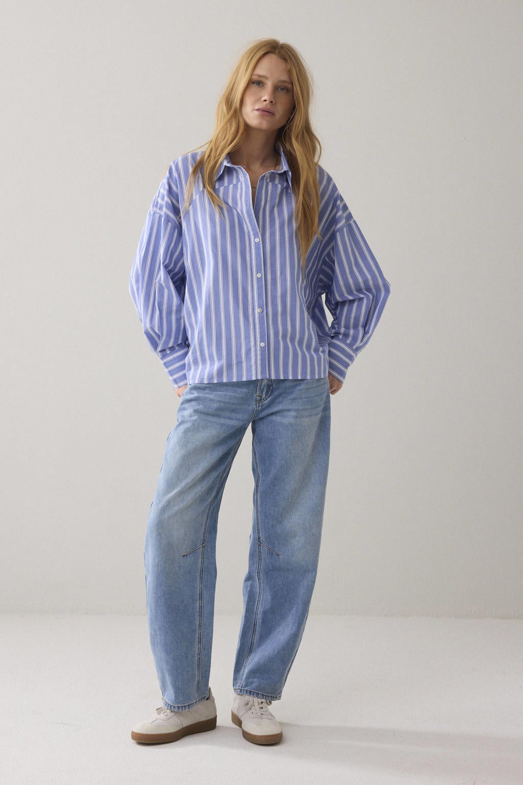 Blauw en witte dames Summum gestreepte blouse van katoen met lange mouwen, klassieke kraag en knoopsluiting