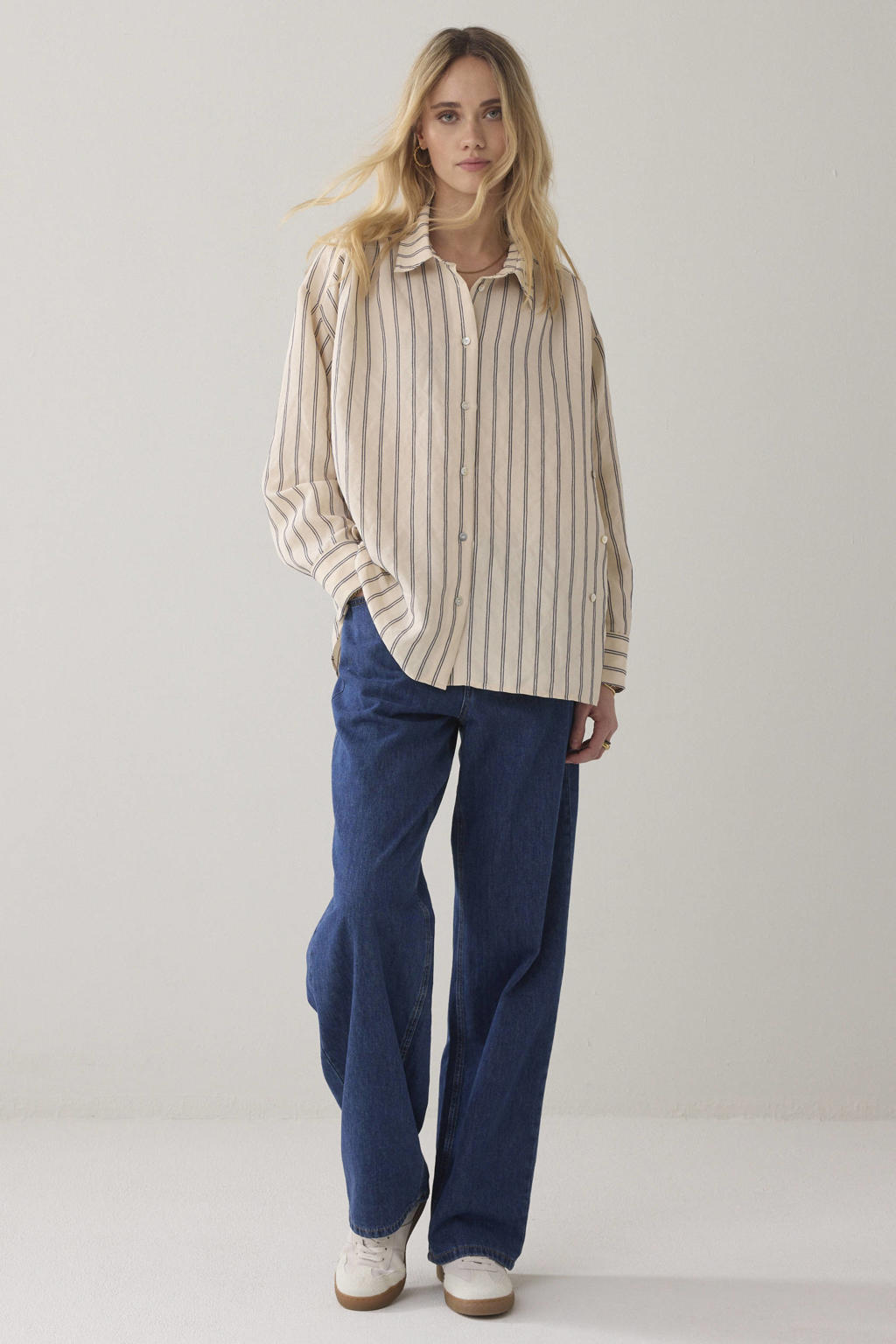 Beige dames Summum gestreepte blouse van modal met lange mouwen, klassieke kraag en knoopsluiting