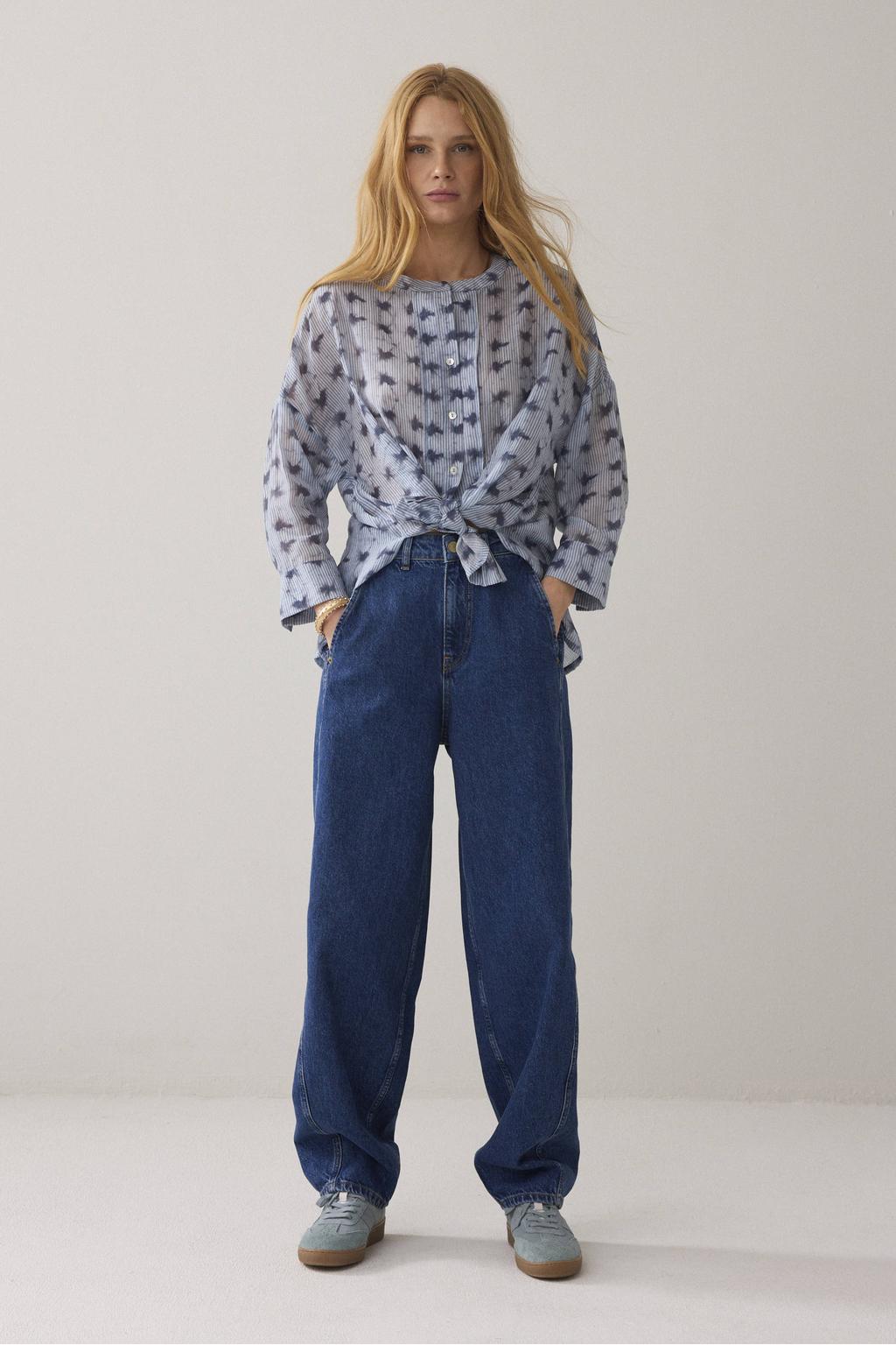 Blauwe dames Summum blouse van lyocell met driekwart mouwen, klassieke kraag, knoopsluiting en knoopdetail