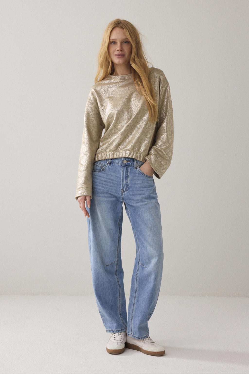 Gouden dames Summum sweater van katoen met effen, driekwart mouwen en ronde hals