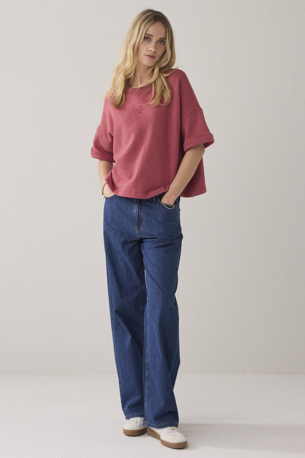 Koraalrode dames Summum pullover van katoen met effen, half lange mouwen, ronde hals en omslagdetail