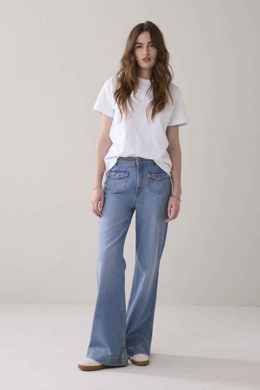 Light blue denim dames Summum high waist bootcut jeans van denim met rits- en knoopsluiting en effen