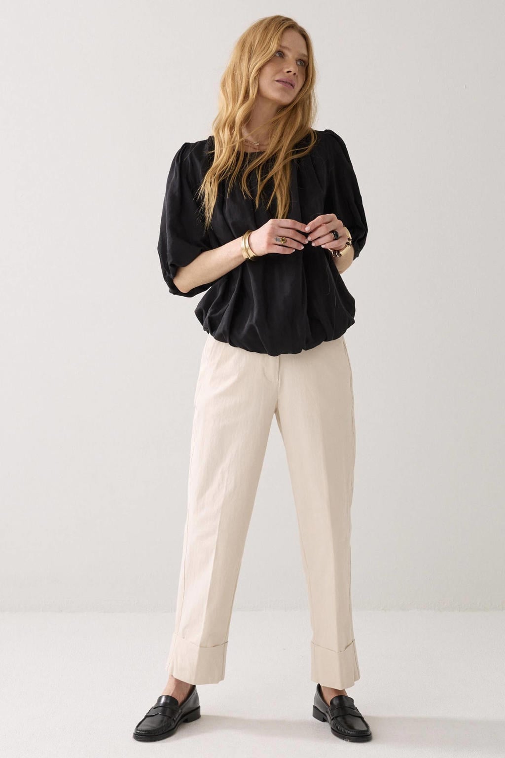 Zwarte dames Summum top van viscose met effen, korte mouwen en ronde hals