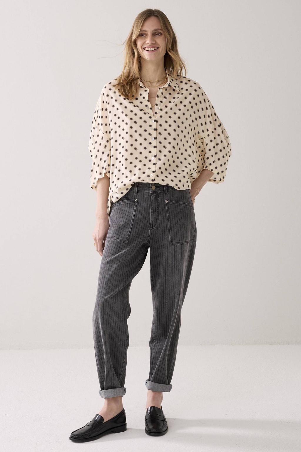 Crème dames Summum blouse crème van viscose met stippenprint, driekwart mouwen, klassieke kraag en knoopsluiting