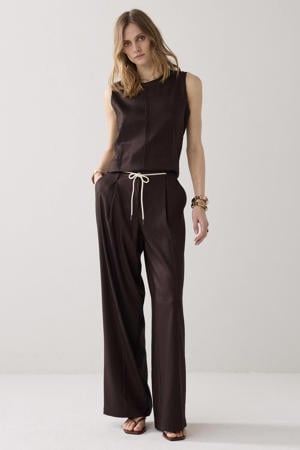 wide leg regular waist broek met linnen donkerbruin