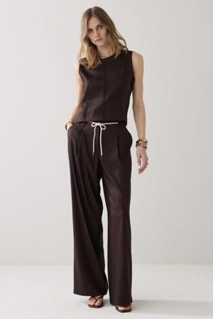 wide leg regular waist broek met linnen donkerbruin