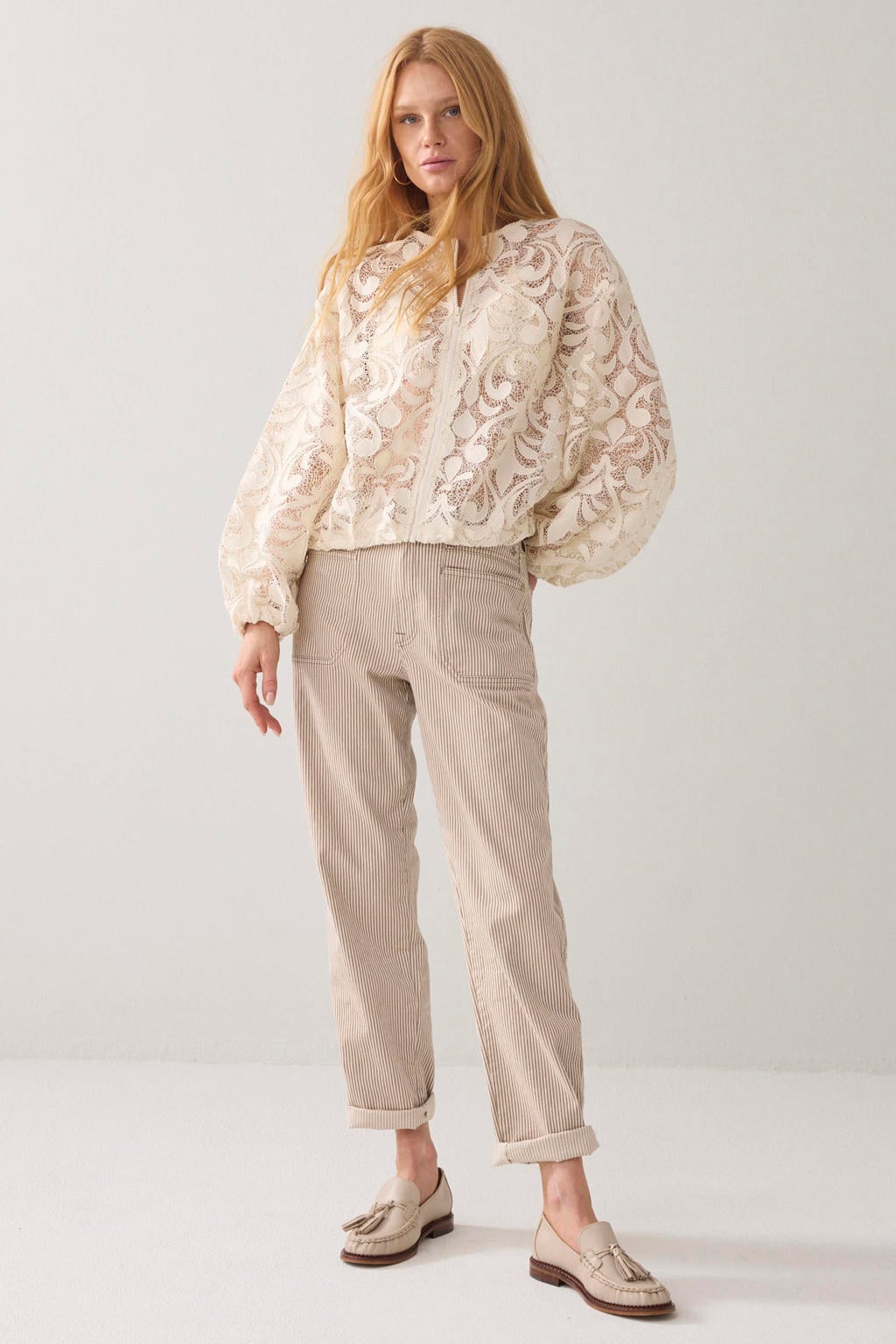 Ecru dames Summum jack van polyester met bloemenprint, lange mouwen, ronde hals, ritssluiting en elastische boord